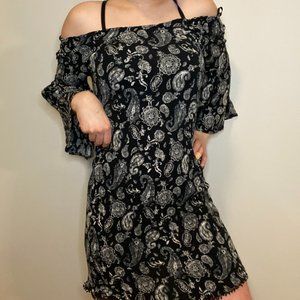 Paisley Black & White Mini Dress w/ Bell Sleeves